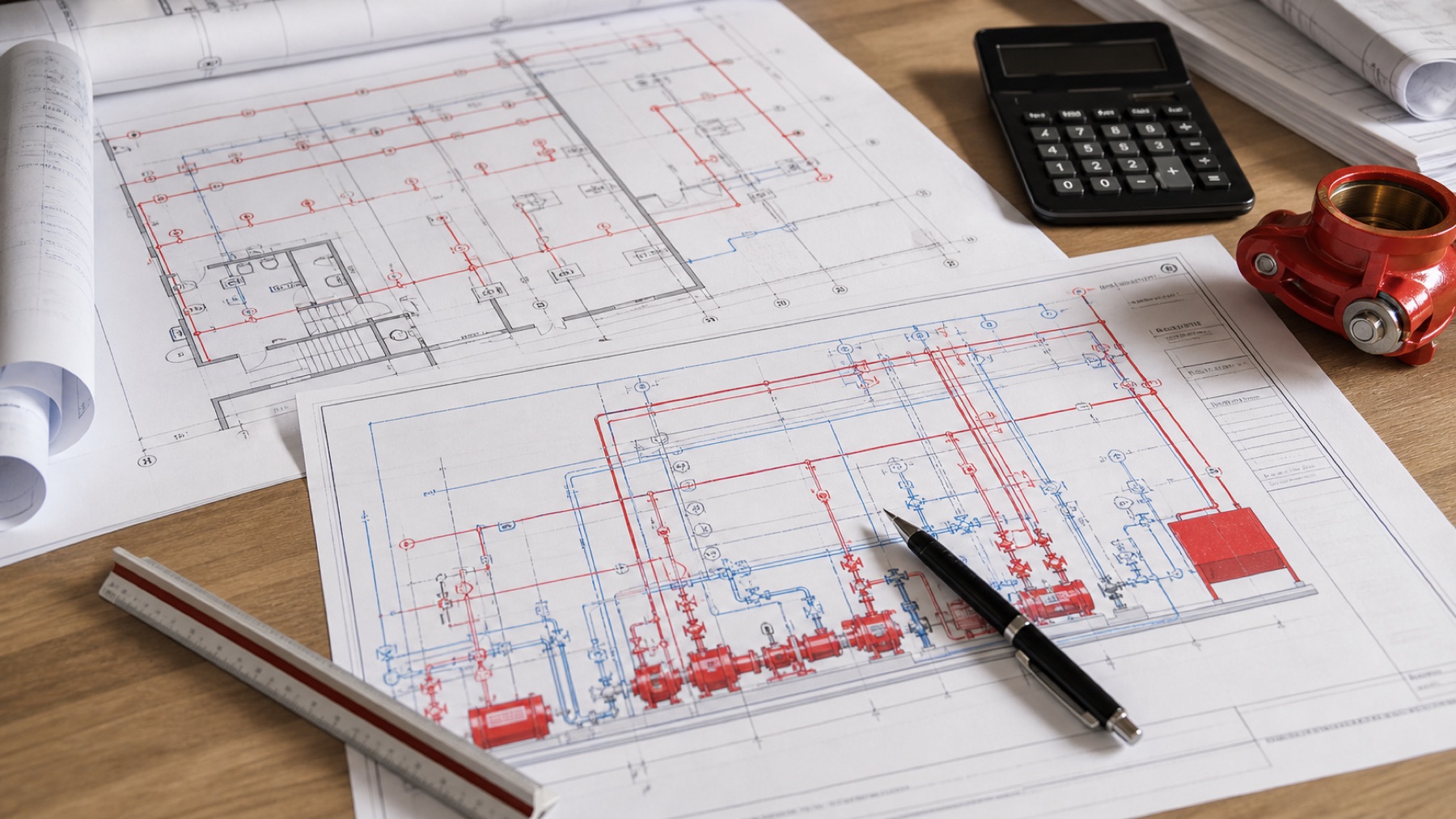 Yangın tesisatı proje paftaları, hesap makinesi ve mühendislik çizim aletleri
