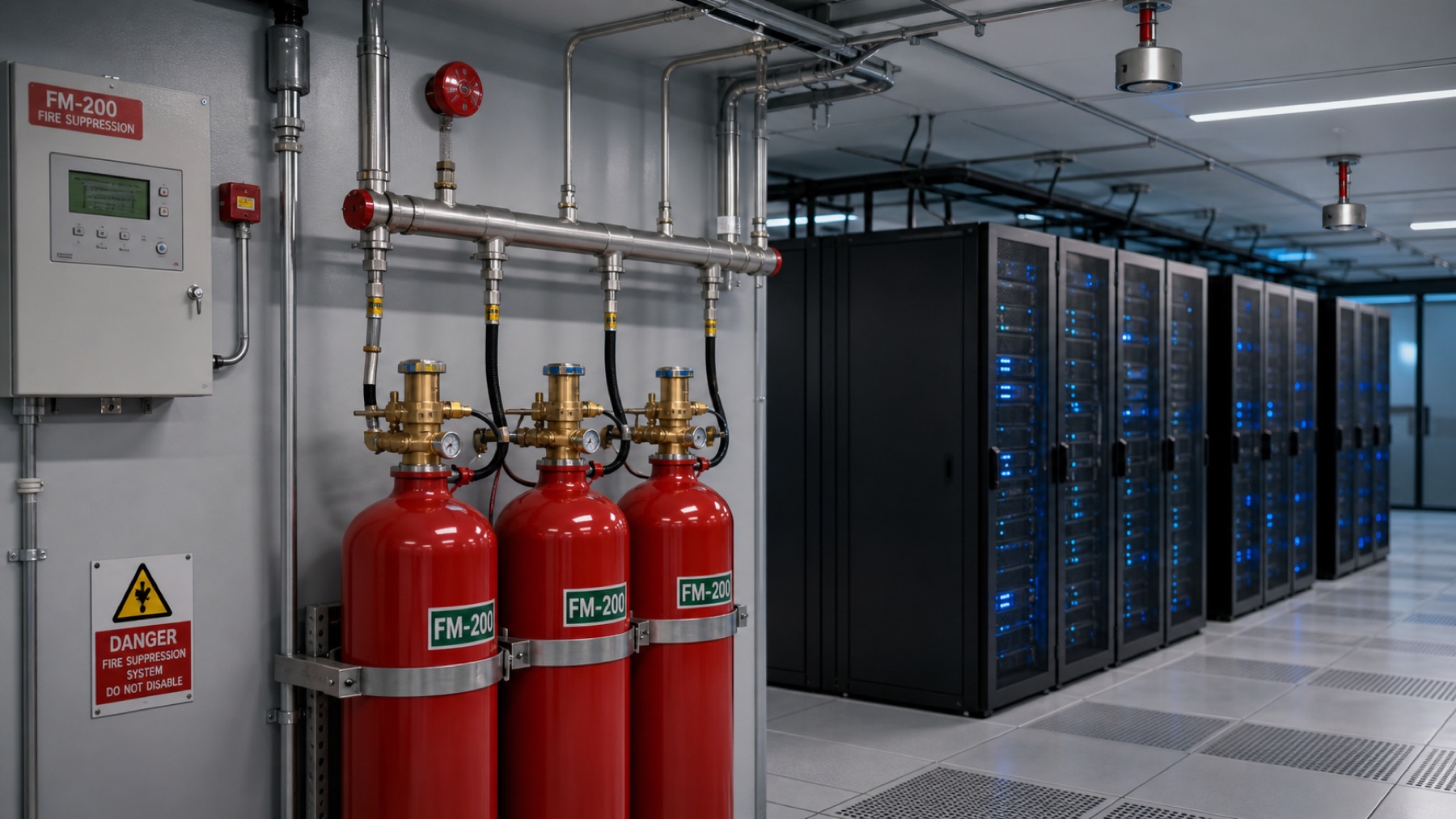 FM-200 gazlı söndürme sistemi — üç kırmızı silindir tank, manifold ve kontrol panosu; arka planda server rack koridoru